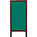 An Aarco cherry wood A-frame sign board with a green chalkboard.