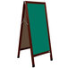A cherry wood A-Frame sign board with a green write-on chalk board.