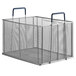 A stainless steel mesh basket with blue handles.