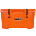 An orange Grizzly Cooler with black handles.