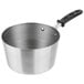 A Vollrath stainless steel saucepan with a black silicone handle.