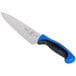 A Mercer Culinary Millennia Colors chef knife with a blue handle.