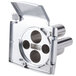 A silver metal Robot Coupe Double Straight Hole Feed Head with four holes.