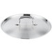 A silver stainless steel Vollrath low domed lid with a handle.