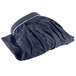 A navy blue table skirt in a bag with a white stripe and Velcro clips.