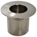 A silver metal Advance Tabco stainless steel drain with a hole in it.