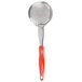 A Vollrath orange round spoodle with a white handle.
