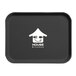 A black rectangular Cambro tray with a house with a fork and spoon logo on it.