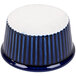 A blue and white fluted ramekin with a white background.