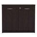 An espresso Alera storage cabinet with two doors and two drawers with silver handles.
