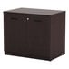 A dark brown Alera Valencia storage cabinet with two doors and a lock.