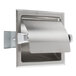 A stainless steel Bobrick recessed toilet paper holder with a satin finish.