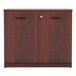 A medium cherry Alera storage cabinet with two doors and black handles.