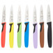 A Mercer Culinary Millennia 7-piece paring knife set with different colored handles.