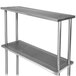 A stainless steel double overshelf with metal mesh shelves.