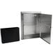 A metal cabinet with a stainless steel rectangular box and a black lid.