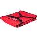 A red Rubbermaid insulated pizza delivery bag with black straps.
