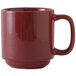 A close-up of a red Tuxton Yukon cranberry mug with a handle.