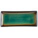 A rectangular green stoneware platter with brown speckles.
