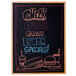 An Aarco oak-framed black marker board with the words "check out our great litch" written on it.