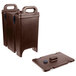 A dark brown plastic Cambro soup carrier with handles.