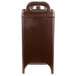 A dark brown plastic Cambro insulated soup carrier with handles.