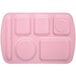 A pink Carlisle melamine tray with six compartments.