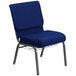 A navy blue Flash Furniture church chair with a silver frame and a wire rack.
