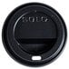 A Solo black plastic lid with text on it.