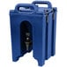 A navy blue plastic Cambro insulated beverage dispenser with a couple of handles.