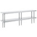A silver stainless steel table mounted double deck shelving unit.