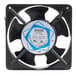 A close-up of a black and white Avantco replacement fan with a blue and white label.