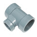 A gray pipe fitting with nozzle on a white background.