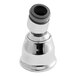 A close-up of a chrome T&S swivel faucet aerator outlet.