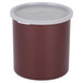 A reddish brown Cambro round polypropylene crock with a white lid.