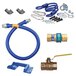 A blue Dormont gas connector kit with various parts including a flexible hose with a yellow label.