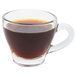 A Libbey glass espresso cup filled with coffee on a white background.