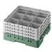 A white and green Cambro plastic rack with nine compartments.