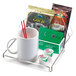 A clear acrylic tray with coffee and a straw on a counter.