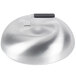 A Vollrath silver metal stir fry domed lid with a black handle.