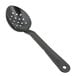 A black polycarbonate salad bar spoon with holes in the bowl.