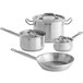 A Vollrath stainless steel cookware set including pots and pans with lids.