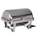 A silver rectangular Vollrath Orion electric chafer with a lid on a counter.