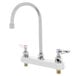 A chrome T&S deck-mounted workboard faucet with two handles and a gooseneck spout.