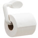 A white Bobrick single roll toilet paper holder with a handle holding a roll of toilet paper.