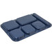 A dark blue Carlisle melamine tray with six rectangular compartments.