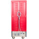 A red plastic storage unit with clear Dutch doors.
