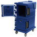 A navy blue plastic Cambro Ultra Camcart food pan carrier with a door open.