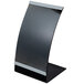 A black and silver Tablecraft curved menu displayette stand with a silver edge.