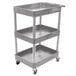 A gray three tiered Luxor plastic utility cart with wheels.